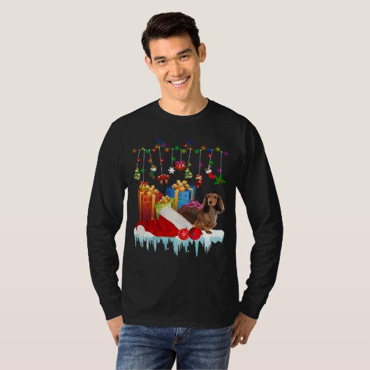 Dachshund Santa Hat Christmas Lights  Box Tシャツ (正面フル)