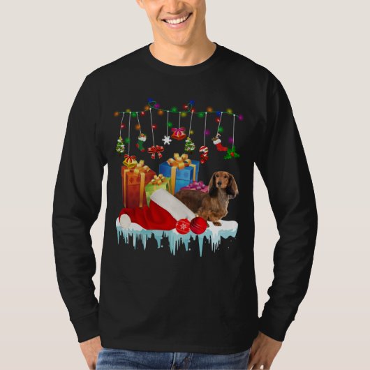 Dachshund Santa Hat Christmas Lights  Box Tシャツ (正面)