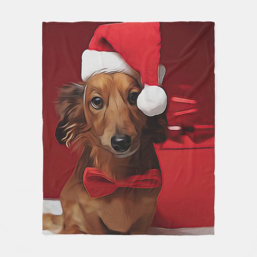 Dachshund Sitting In Front Of A Christmas Gift Pos フリースブランケット (正面)