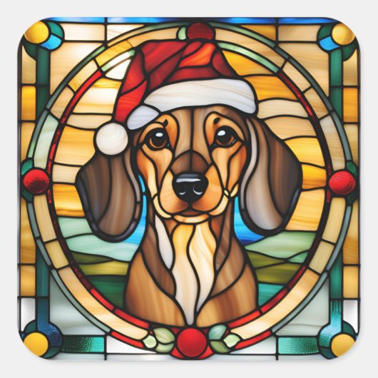 Dachshund Stained Glass Christmas Sticker スクエアシール (正面)
