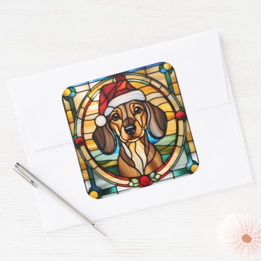 Dachshund Stained Glass Christmas Sticker スクエアシール (封筒)