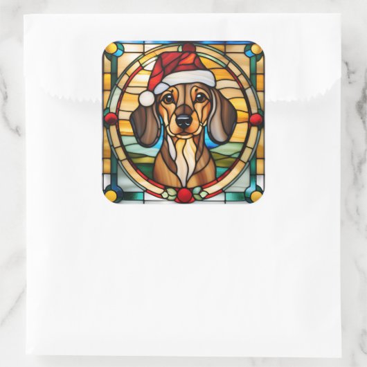 Dachshund Stained Glass Christmas Sticker スクエアシール (バッグ)