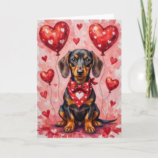 Dachshund Valentine’s Day Dog with Hearts Red カード (正面)
