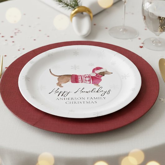 Dachshund Wiener Dog Watercolor Pet Winter Holiday ペーパープレート