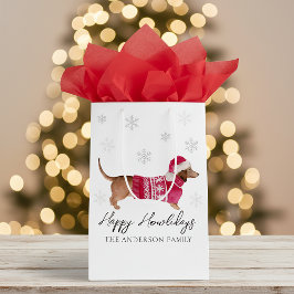 Dachshund Wiener Dog Watercolor Pet Winter Holiday ミディアムペーパーバッグ