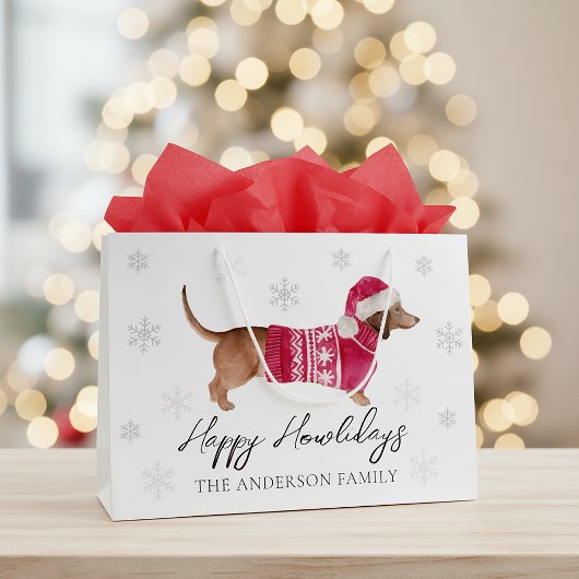 Dachshund Wiener Dog Watercolor Pet Winter Holiday ラージペーパーバッグ