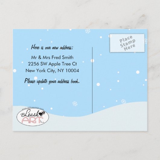 Dachshund Winterの新しいアドレスのアナウンスの移動 案内ポストカード (裏面)