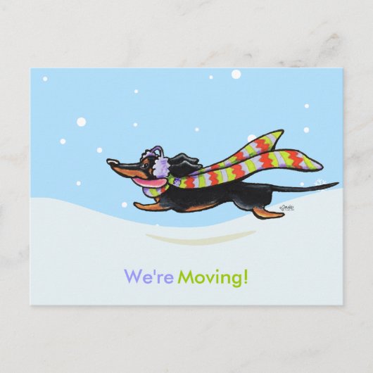 Dachshund Winterの新しいアドレスのアナウンスの移動 案内ポストカード (正面)