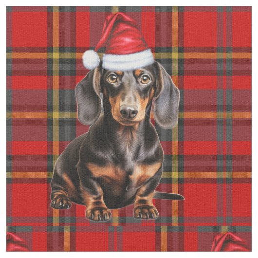 Dachshund with a Red Green Plaid Holiday Fabric ファブリック (クローズアップ)