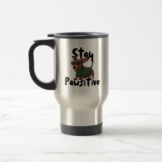 Dachshund with glasses Mug, Stay Pawsitive  トラベルマグ (左)