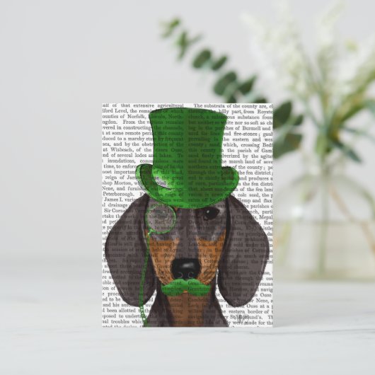 Dachshund with Green Top Hat Black Tan 2 ポストカード (スタンド正面)