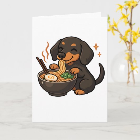 Dachshund with Noodles Ramen Kawaii Dog カード (黄色い花)