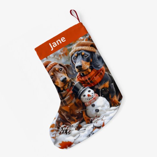 Dachshunds and Snowman Christmas Stocking スモールクリスマスストッキング (裏面 (吊り時))