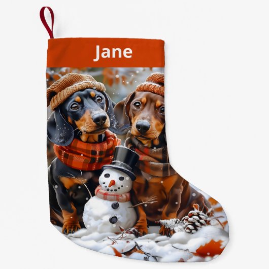 Dachshunds and Snowman Christmas Stocking スモールクリスマスストッキング (正面)