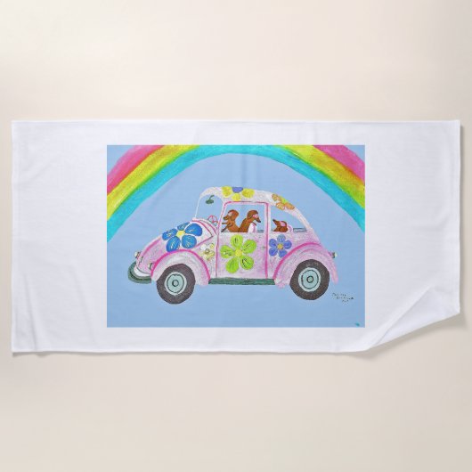  Dachshunds in a Hippie Car ビーチタオル (正面)