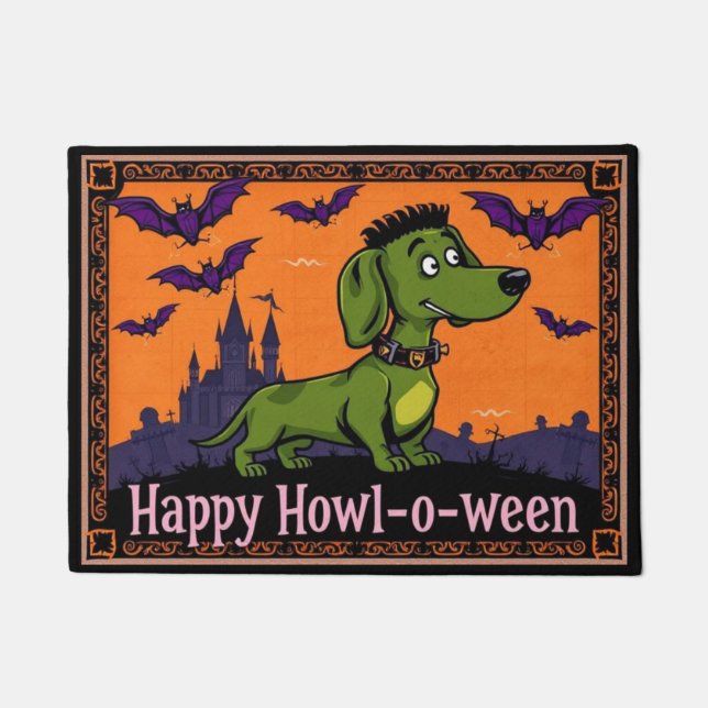 Dachshundstein Happy Howl-o-ween ドアマット (正面)