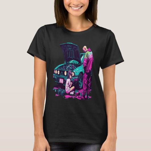Dad and Daughter Fixing Car Retro Pop Car Mechanic Tシャツ (正面)