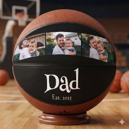 Dad Est. ホワイト おもしろく太字 シンプルなテキスト 3枚の写真 バスケットボール