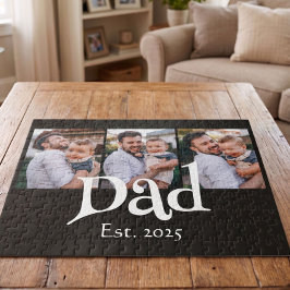 Dad Est. 白 シンプル テキスト 3枚の写真 ジグソーパズル
