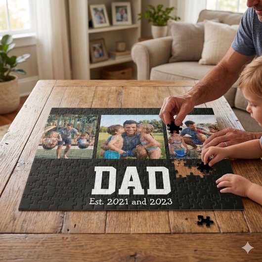 Dad Est. Bold Black Font 3 Photo Fathers Day Gift ジグソーパズル