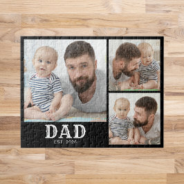 Dad Established 太字タイポグラフィ ブラック 3 枚の写真 ジグソーパズル