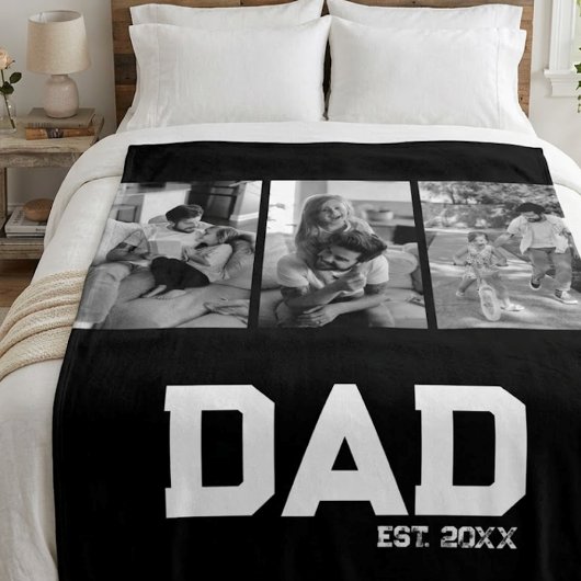 Dad Established 3 Photo Black & White Year  フリースブランケット