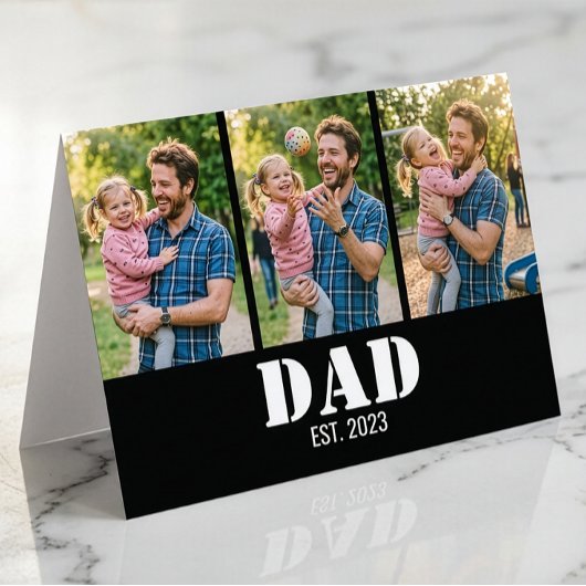 Dad Established 3-Photo Bold White & Black Modern カード