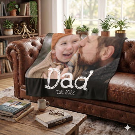 Dad Established Fun 白い太字テキスト + 写真 黒 フリースブランケット