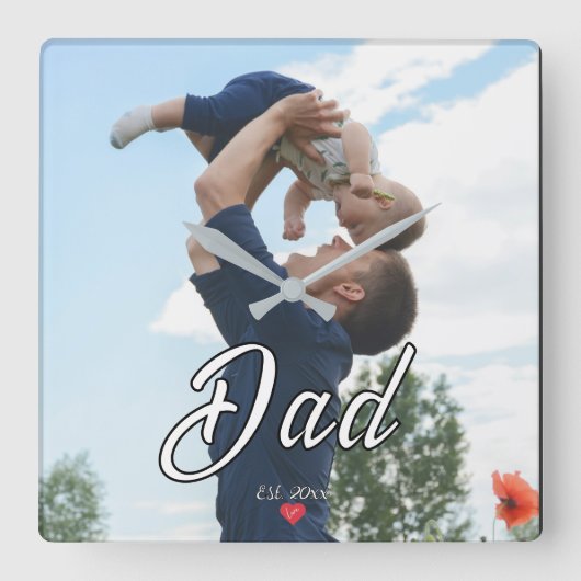 Dad Established Fun Script Photo Heart  スクエア壁時計 (正面)