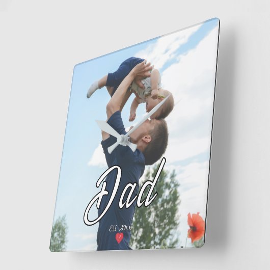 Dad Established Fun Script Photo Heart  スクエア壁時計 (傾斜)