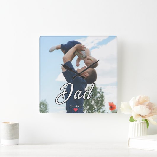 Dad Established Fun Script Photo Heart Gift  スクエア壁時計 (ホーム)