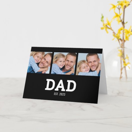 Dad Established Modern Black 3 Photo Father's Day カード (黄色い花)