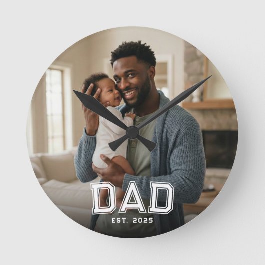 Dad Established Modern Bold White Photo ラウンド壁時計 (正面)