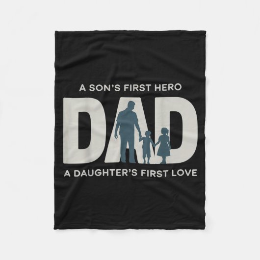 Dad Holding Kids Family Silhouette Father Quote  フリースブランケット (正面)