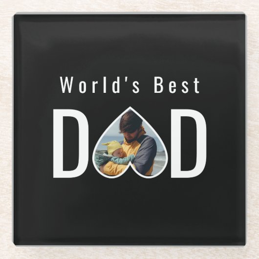 Dad Photo in Black Heart Frame Modern Text ガラスコースター (正面)