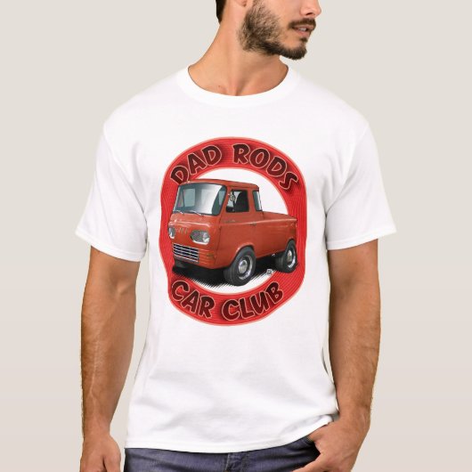 Dad Rods Car Club 赤いバンで車を上げる Tシャツ (正面)