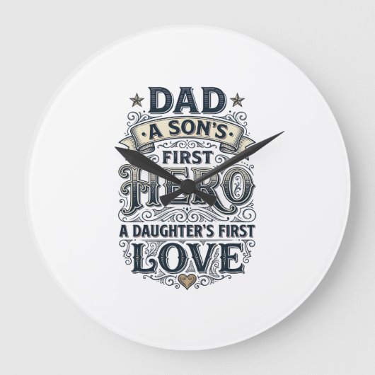 Dad Son Hero Daughter Love Vintage Typography Shir ラージ壁時計 (正面)