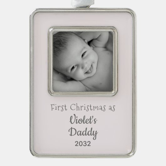 Daddy's 1st Christmas パーソナライズされた Name Year Photo シルバープレートフレームオーナメント (正面)