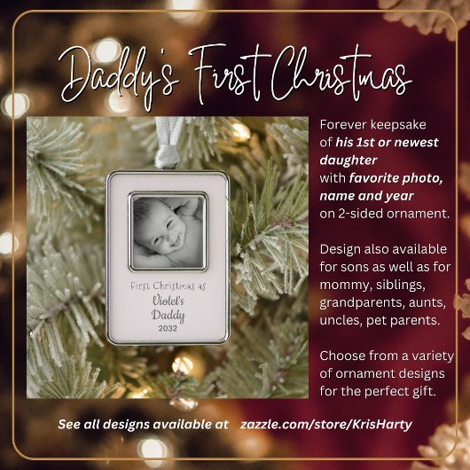 Daddy's 1st Christmas パーソナライズされた Name Year Photo シルバープレートフレームオーナメント