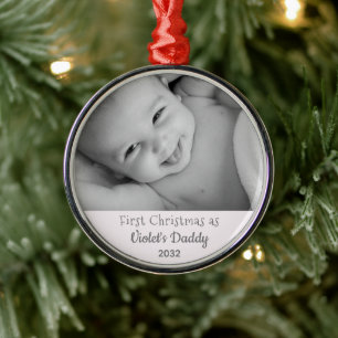 Daddy's 1st Christmas パーソナライズされた Name Year Photo メタルオーナメント