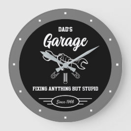 Dad's Any Name Garage Funny Slogan Hand Tools Fix ラージ壁時計