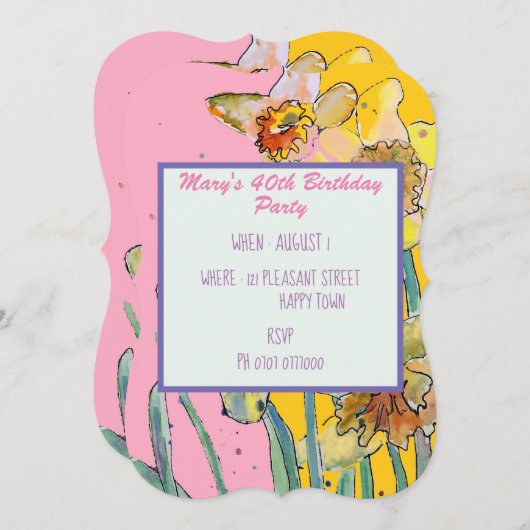 Daffodilフローラ40thバースデーイエロー招待状 招待状 (正面/裏面)