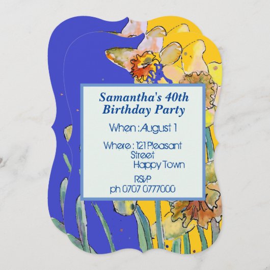 Daffodilフローラ40th誕生日イエローネイビーブルー 招待状 (正面/裏面)