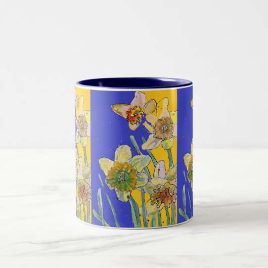 Daffodil絵画の水彩黄青フローラ ツートーンマグカップ (中央)