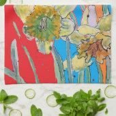 Daffodil花フローラ春水彩赤 キッチンタオル (折り畳み)