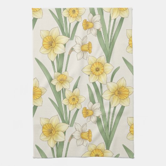 Daffodil Spring Floral in Soft Yellow and Green 4 キッチンタオル (縦)