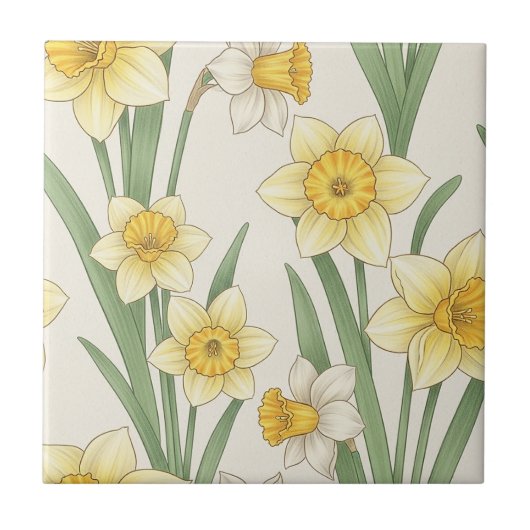 Daffodil Spring Floral in Soft Yellow and Green 4 タイル (正面)