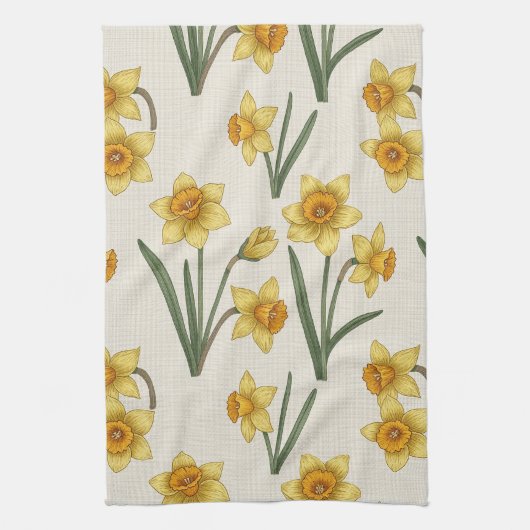 Daffodil Spring Floral in Soft Yellow and Green 5 キッチンタオル (縦)