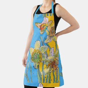 Daffodil Watercolor Blue Flower Floral Kitchen エプロン