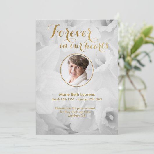 Daffodils金ゴールド悔やみや弔慰サンキューカードと写真 サンキューカード (スタンド正面)